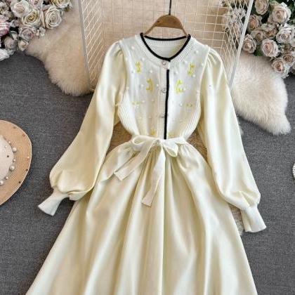 Long Sleeve Chic Dress, Round Neck Embroidery..