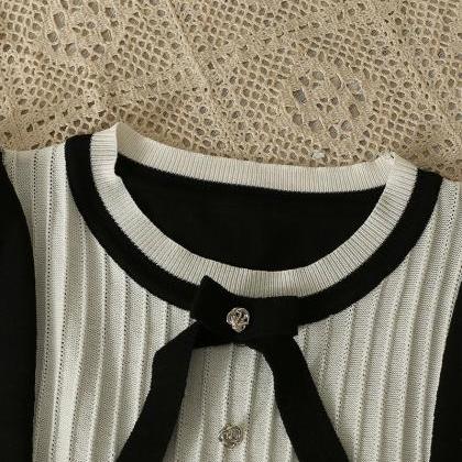 Sweet Color Bow Knitted Top, Slim-fit Top