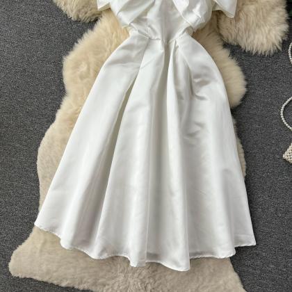 White Bow Strapless Dress, Satin Party Dress..