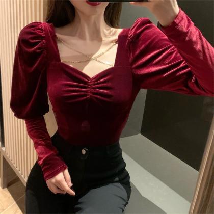 Puffy Sleeve T-shirt, Slim-fit Sexy Halter Top,..