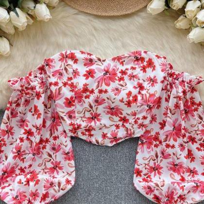 Vintage, Romantic Floral Strapless Shirt, Puffy..