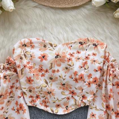 Vintage, Romantic Floral Strapless Shirt, Puffy..