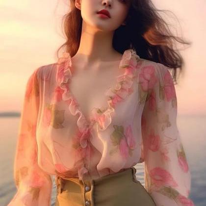 Floral Shirt, Ruffled V-neck Stylish Pink Chiffon..