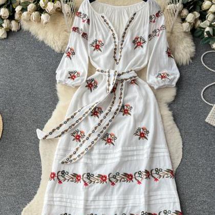 Vintage, Ethnic, Embroidered Puffy Sleeve Dress,..