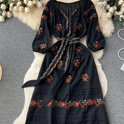 Vintage, Ethnic, Embroidered Puffy Sleeve Dress,..