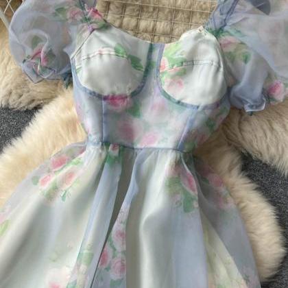 Vintage Puffed Sleeve Platycodon Flower Dress,..