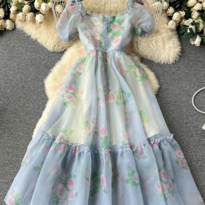 Vintage Puffed Sleeve Platycodon Flower Dress,..