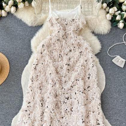 Furry Tassel Sequin Dress, Light Luxury Dress,..