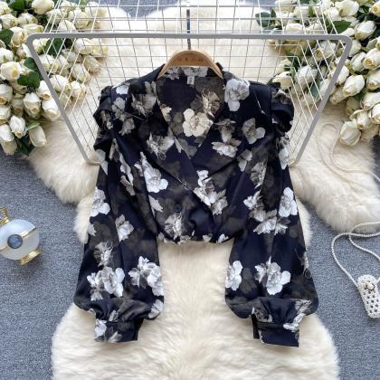 French Pleated Puff Sleeve Suit Collar Floral..