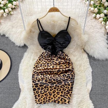 Sexy Leopard Stitching Contrast Backless Strapless..
