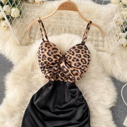 Sexy Leopard Stitching Contrast Backless Strapless..