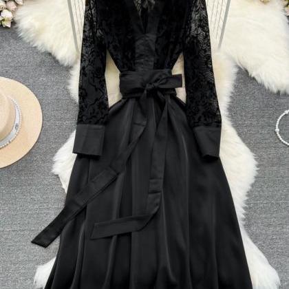Fashionable,, Elegant Black Dress, Long-sleeved..