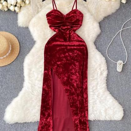 Banquet Wine Red Evening Dress Velvet Suspender..