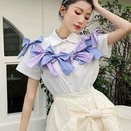 Fashion, Blue And Purple Bow, White Short-sleeved..