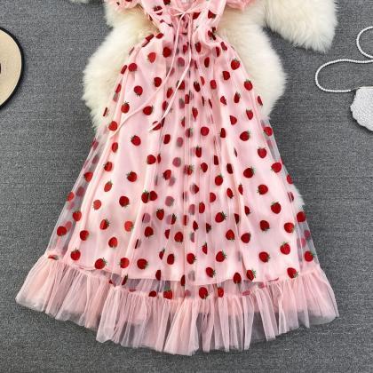 Super Fairy Strawberry Sequin V-neck Mesh Dress..