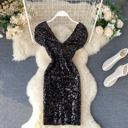 Shiny V Neck Sequins Short Dress Party Dress