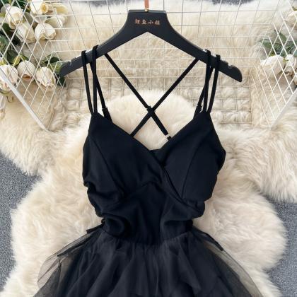 Sexy Strap Dress Black V Neck Tulle Dress Fashion..