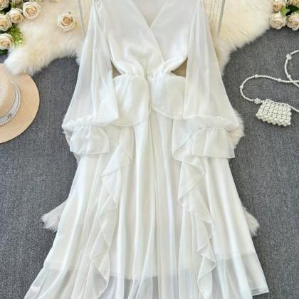 Elegant White Chiffon Dress With Ruffle Details on Luulla