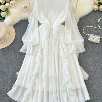 Elegant White Chiffon Dress With Ruffle Details on Luulla