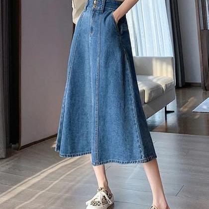 Vintage Frayed A-Line Denim Midi Skirt main image 0
