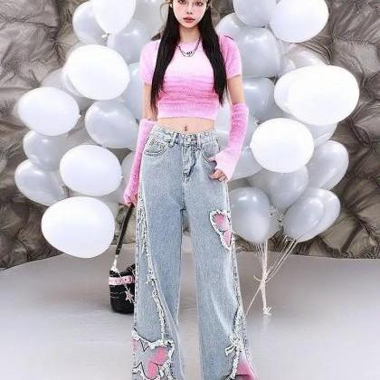 Style Lace Butterfly Knot Wide Leg Jeans main image 1