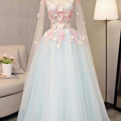 Sky blue tulle ,long A-line prom dress, long V neck ,butterfly party dress,Party Dress,Sexy Custom Made ,New Fashion