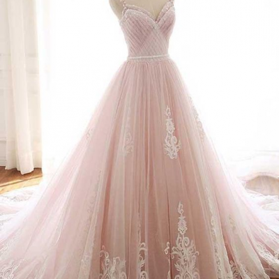 Spaghetti straps prom dress pink bridal dress lace a-line dress,Custom Made