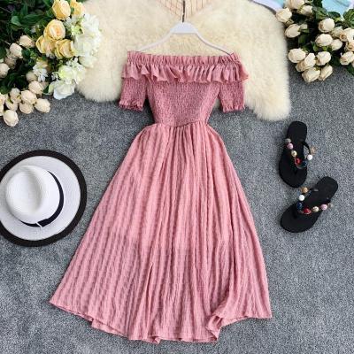 New solid color frock dress off shoulder and gentle ruffled dress