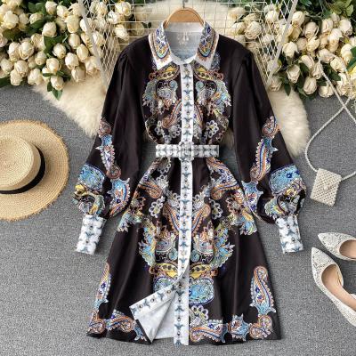 Spring dress palace style dress, lady POLO collar, slim short style retro totem print, small dress