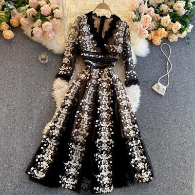 Party dress.,New style ladies and socialites, temperament heavy embroidery, flower midsleeved dress