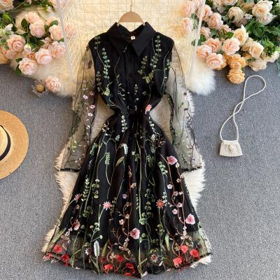 Vintage, early spring new style, lapel, long sleeves, gauze perspective, embroidery hook flower, stitching feminine dress