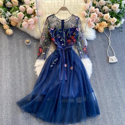 Prom dress, heavy embroidery flowers, round neck, middle sleeves, waist to look slim, spliced mesh swing bouffant dress,Cheap Sale