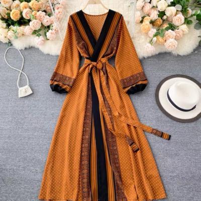 Spring and Autumn, vintage, printed, belted waist, V-neck bubble sleeve long dress