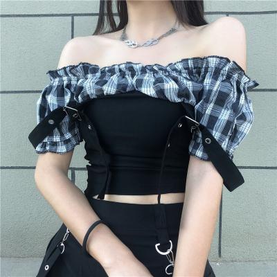 Clash color splicing plaid, off shoulder short style halter top, new style, bubble sleeve crop top