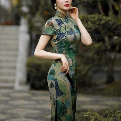 New,Printed dress, modified cheongsam, midi dress,chinese style