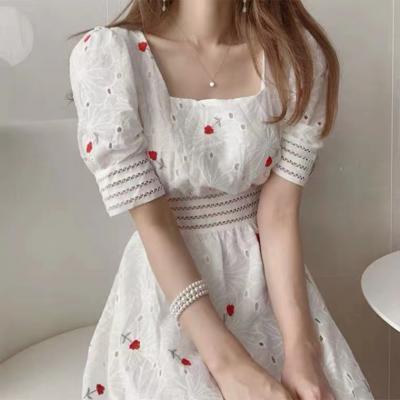 summer, sweet, heavy embroidery, square collar hollow bubble sleeve dress
