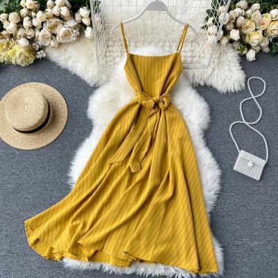 Popular,vintage style, square collar, spaghetti strap dress,stripes midi dress