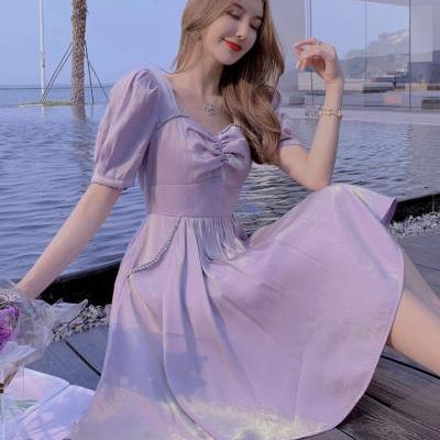 French bubble sleeve purple dress, summer new temperament fairy dress