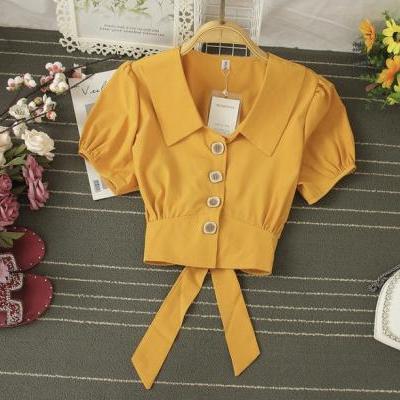 Bowknot tie puffed sleeve blouse, baby collar breasted top