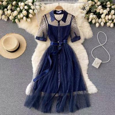 Navy blue prom dress, temperament POLO collar breasted slim midi dress