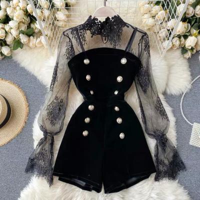 Autumn, new style, light mature wind mesh lace sexy top, double breasted suspenders wide leg jumpsuit, suit