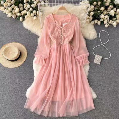 Palace vintage dress, heavy industry nail bead, temperament long tulle dress