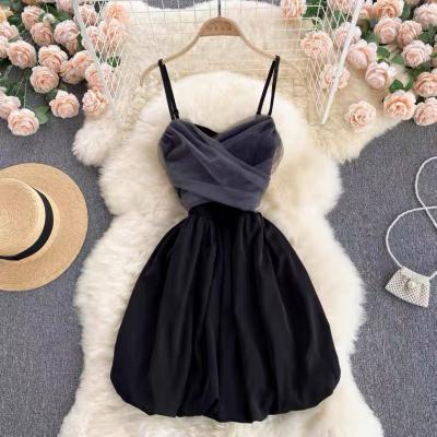 Fairy tulle stitching little black dress, temperament, socialite, spaghetti strap dress