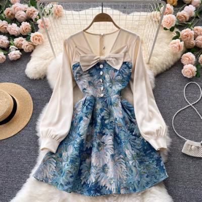 Sweet, artistic, fresh A-line dress, chiffon long sleeve stitching, embroidered flowers, high waist V-neck dress