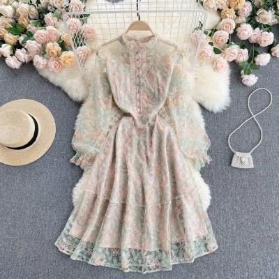 Long sleeve dress, sweet, agaric side collar, slim short heavy embroidery lace dress