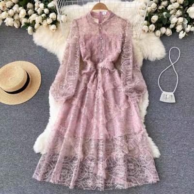 High sense of dress, mesh embroidery, vintage waist dress,pink fairy lace dress