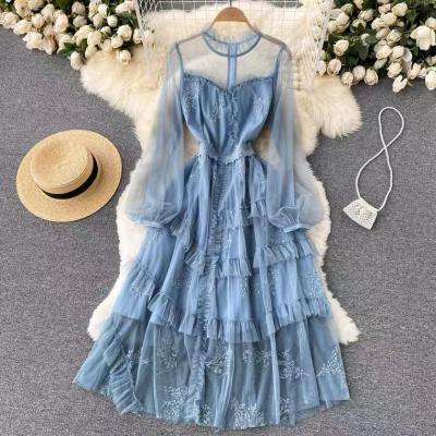 Sweet dress, embroidery, temperament waist dress, long sleeves, see-through tulle dress