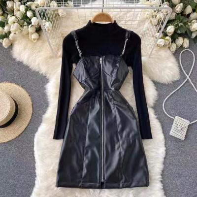 Chic, pu leather halter dress, sweater inside, two sets