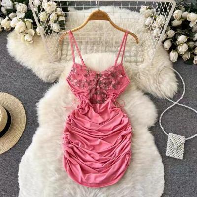 Lace hook flower bodycon dress, pink spaghetti strap dress