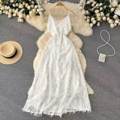 White/black dress, elegant tassel spaghetti strap dress, tulle princess dress fairy pleated art dress